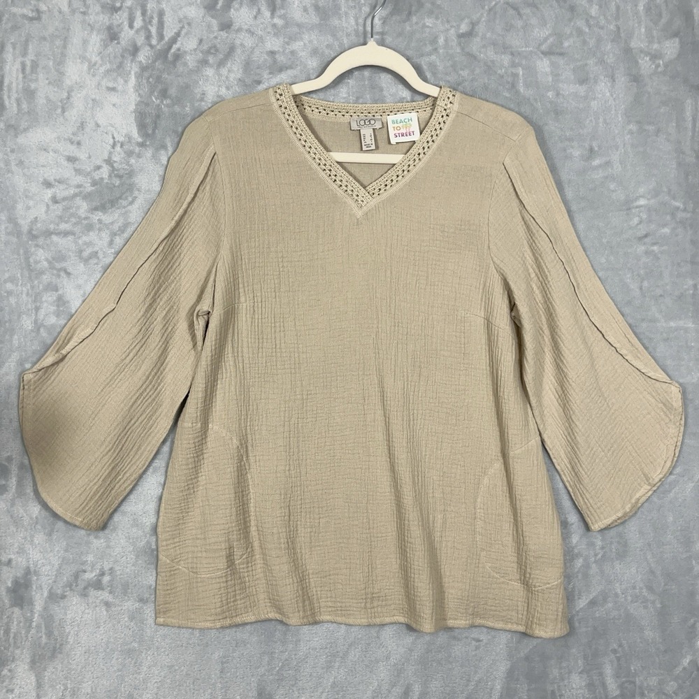 LOGO Lori Goldstein Beach to Street Gauze V-Neck Top Womens S Minimalist Coastal